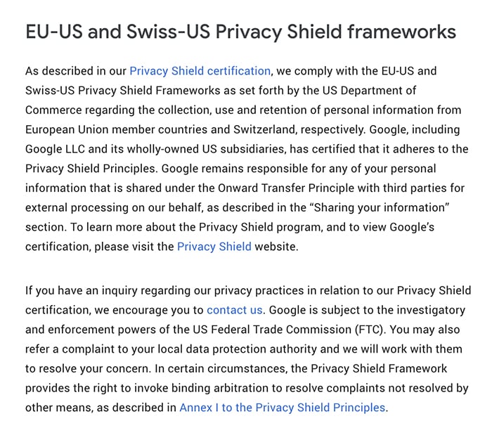 Google Data Transfer Frameworks: Privacy Shield Frameworks clause