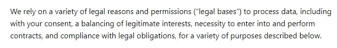 Microsoft Privacy Statement: Excerpt of clause for legal bases - GDPR