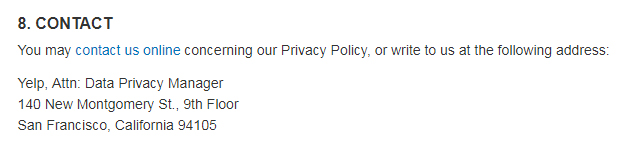 Yelp Privacy Policy: Contact clause for data privacy manager