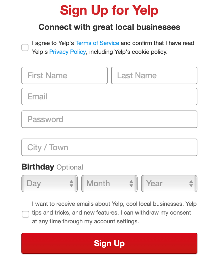 Yelp:  Sign-up form with checkboxes for GDPR consent