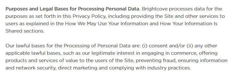 Brightcove Privacy Policy Legal Bases for Processing Personal Data clause