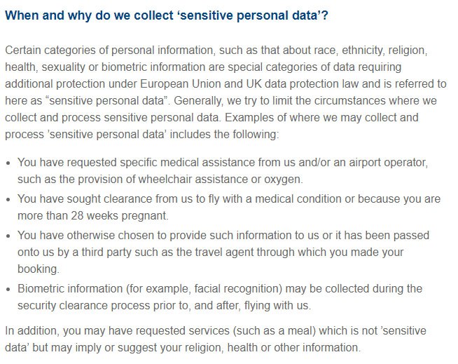 British Airways Privacy Policy: When and why do we collect sensitive personal data clause