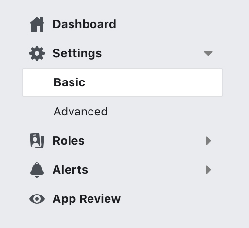 Facebook Developer Dashboard with Settings and Basic option