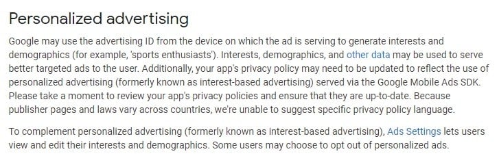 Google AdMob Behavioral Policies: Personalized Advertising clause
