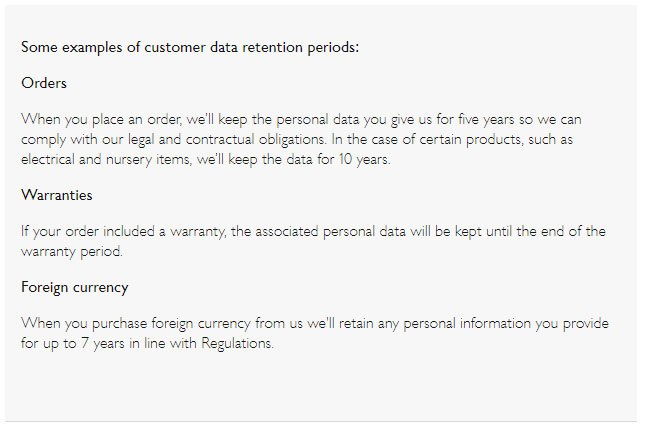 John Lewis Privacy Notice: Data retention periods examples clause