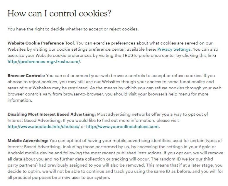 MailChimp Cookies Statement: Excerpt of How can I control cookies clause