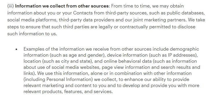 MailChimp Privacy Policy: Information we collect from other sources clause