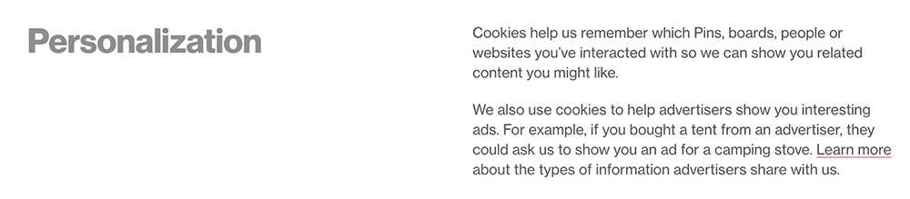 Pinterest Privacy Policy: Personalization clause mentioning cookies and advertising
