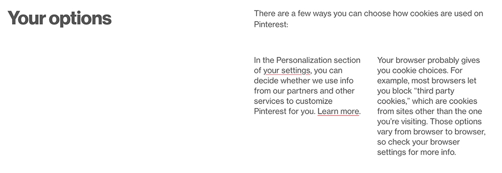 Pinterest Privacy Policy: Your options for cookies clause