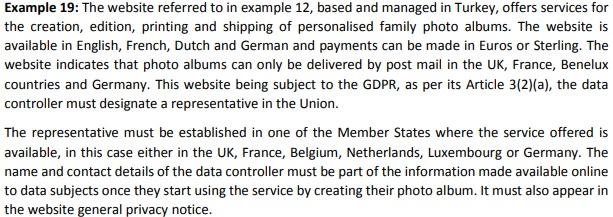 Screenshot of Example 19 from EDPB Guidelines on the Territorial Scope of the GDPR
