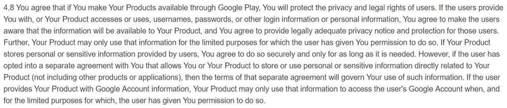 Google Play Developer Distribution Agreement: Privacy Policy requirement clause
