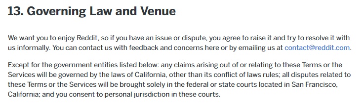 Reddit User Agreement: Governing Law and Venue clause