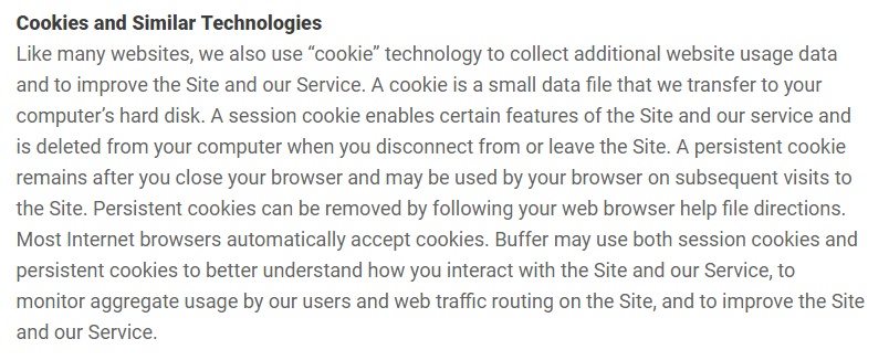 Buffer Privacy Policy: Cookies and Similar Technologies clause excerpt