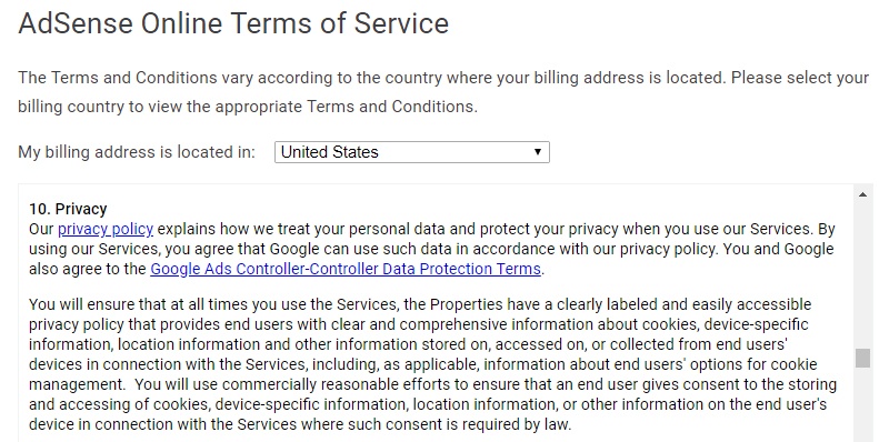 Google AdSense Online Terms of Service: Privacy clause