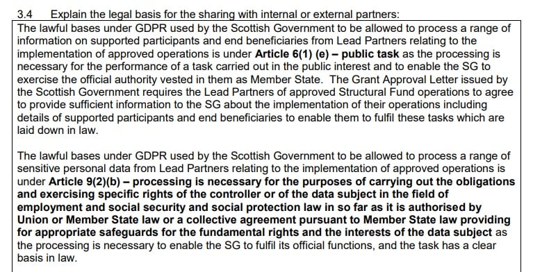 Scottish Government DPIA: Excerpt of legal basis for sharing with partners section
