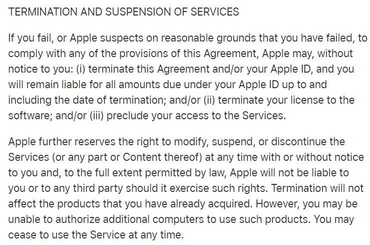 Apple Media Services Terms and Conditions: Termination and Suspension of Services clause