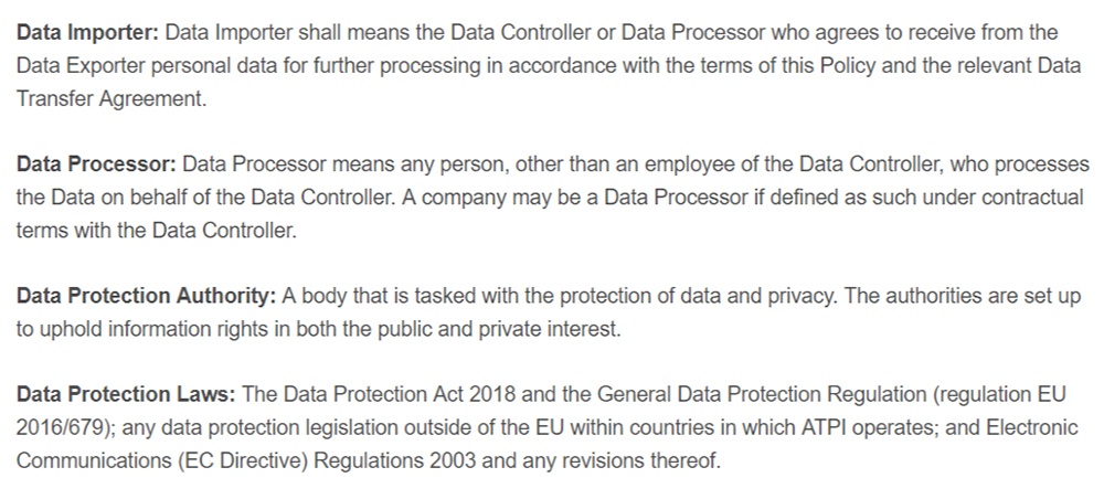 ATPI Data Protection Policy: Excerpt of glossary clause