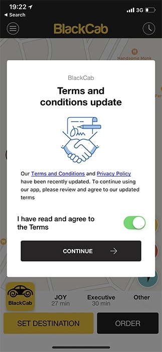 BlackCab mobile: Terms and Conditions update with toggle button to agree