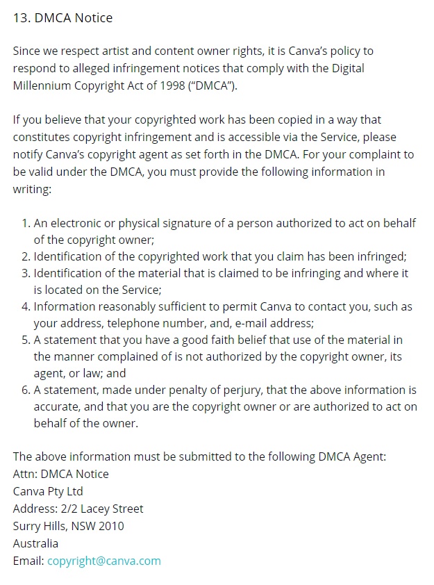 Canva Terms of Use: DMCA Notice clause
