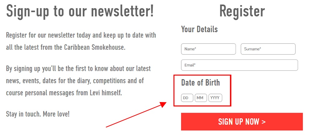 Caribbean Smokehouse Sign-up and Register form with dat of birth highlighted