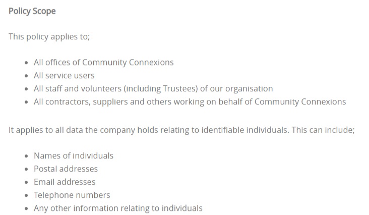 Community Connexions Data Protection Policy: Scope clause