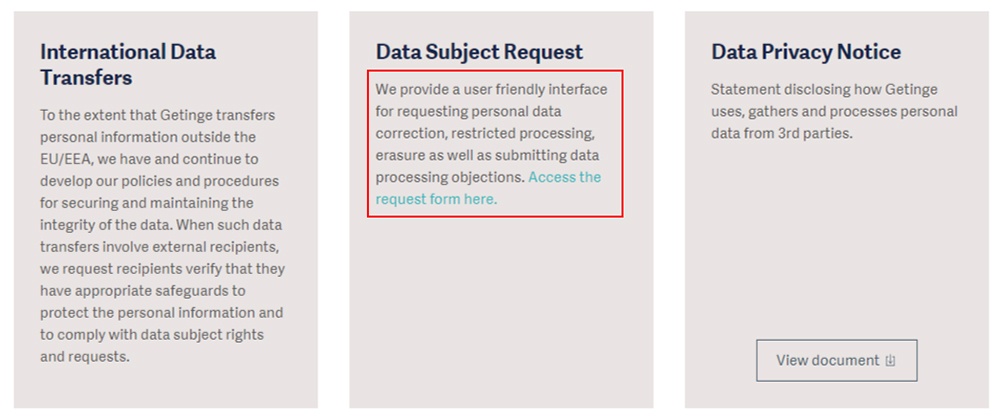 Getinge GDPR Commitment: Policies and Procedures - Data Subject Request form link highlighted