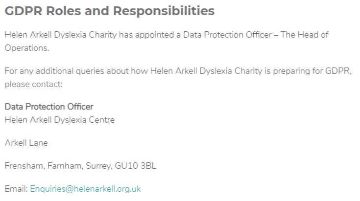 Helen Arkell GDPR Compliance Statement: GDPR Roles and Responsibilities clause
