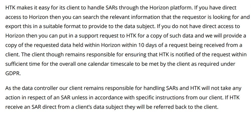 HTK GDPR Compliance Statement: Subject Access Requests clause excerpt