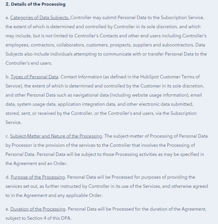 HubSpot Data Processing Agreement Details of Processing clause
