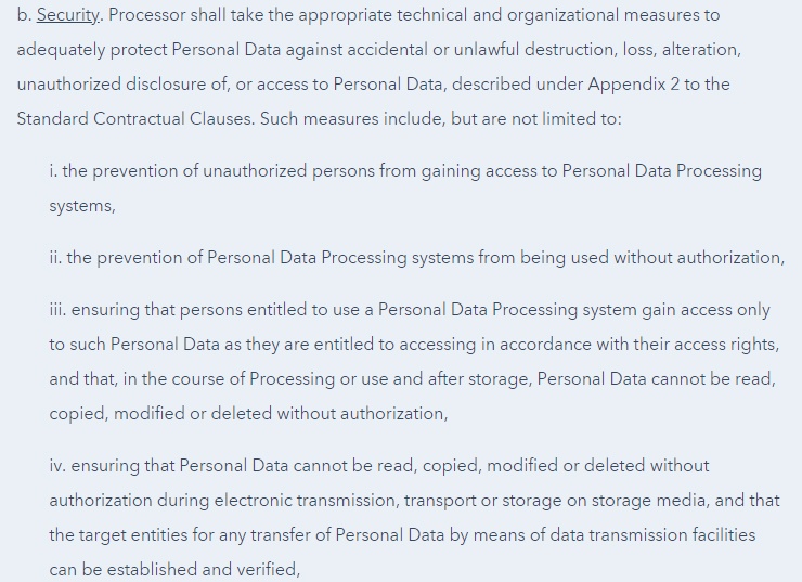 HubSpot Data Processing Agreement Security clause