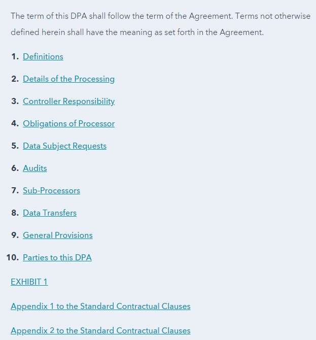 HubSpot Data Processing Agreement Table of Contents section