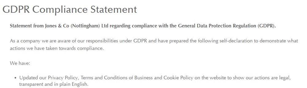 Jones Buttons GDPR Compliance Statement: Excerpt about updated policies