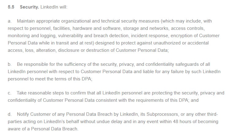 LinkedIn Data Processing Agreement Security clause