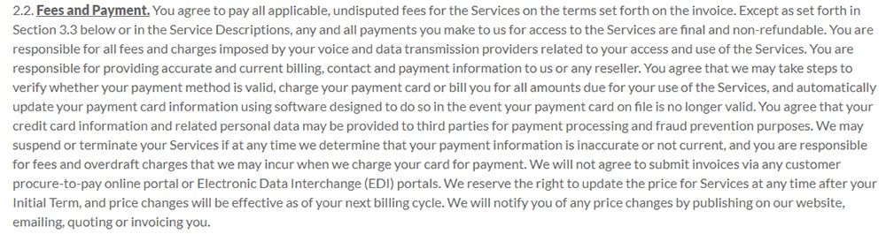 LogMeIn Terms of Service: Fees and Payments clause