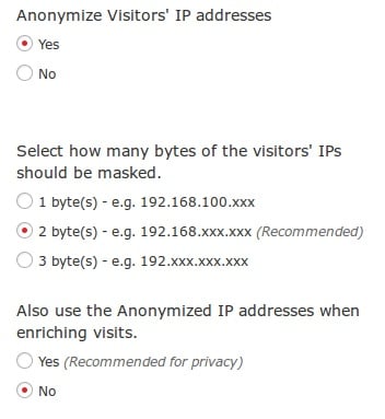 Matomo Configure Privacy Settings: Anonymize analytics options