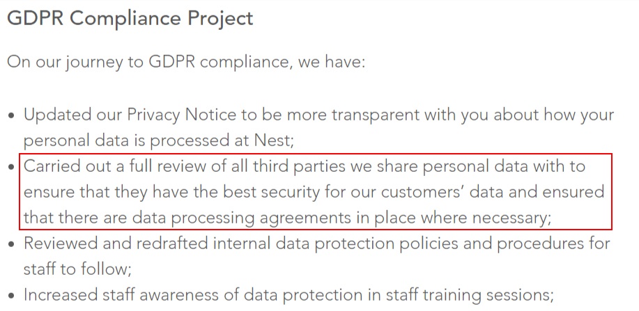 Nest GDPR Compliance Statement: Third-party review section highlighted