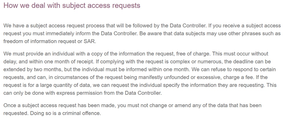 Orchard Oak Recruitment Data Protection Policy: Subject Access Requests clause