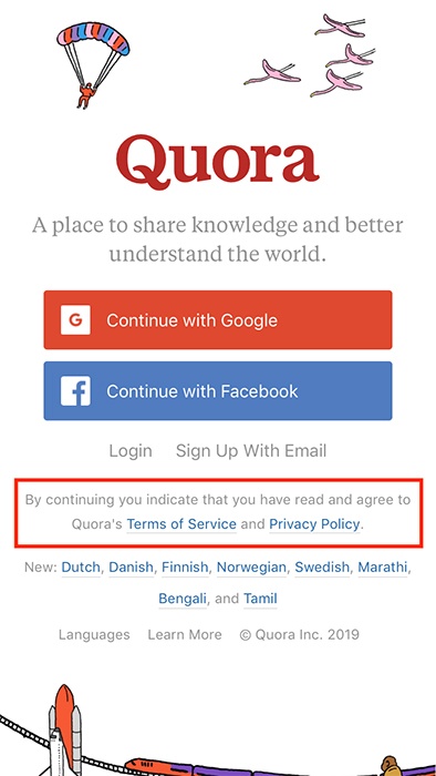 Quora mobile Log-in page with Agree to Terms and Privacy highlighted