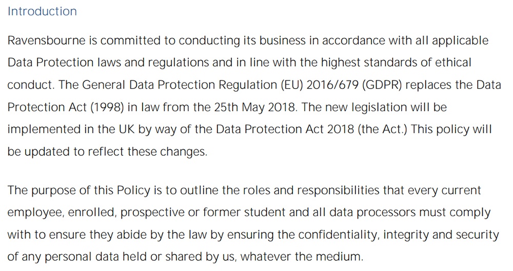 Ravensbourne University Data Protection Policy: Introductio clause