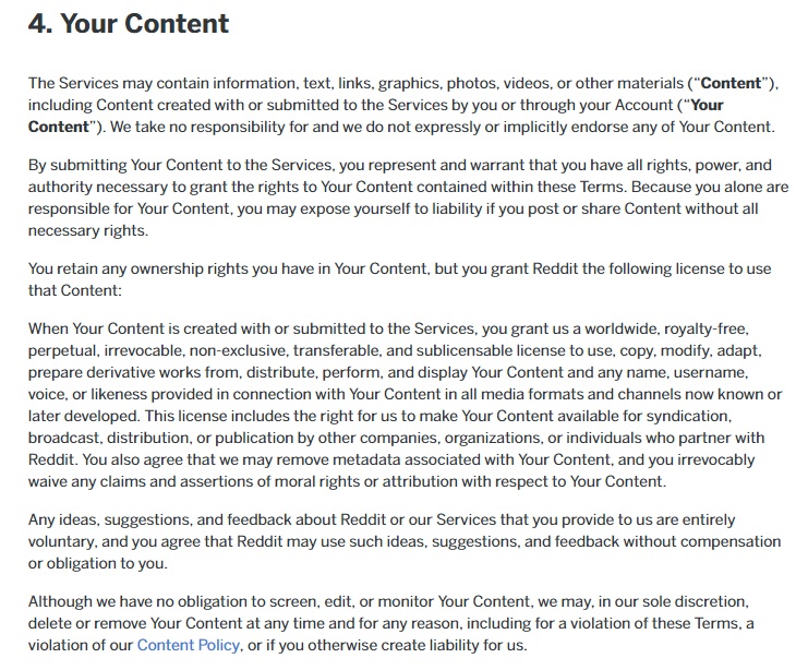 Reddit User Agreement: Your Content clause