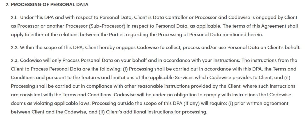 VoluumDSP DPA -  Processing of Personal Data clause excerpt