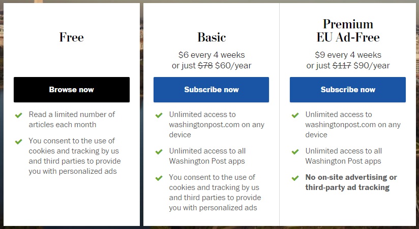 Washington Post Subscribe options with pre-checked consen
