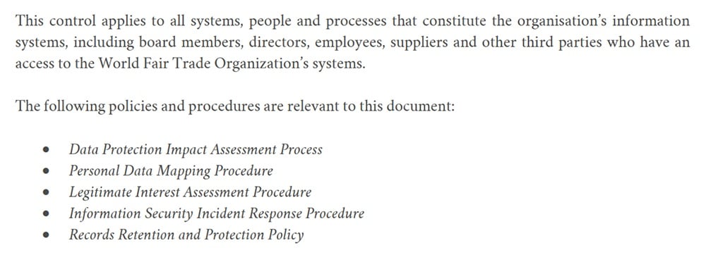 World Fair Trade Organization Data Protection Policy: Other applicable policies clause