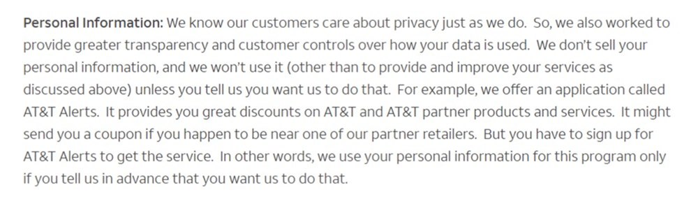 ATT Privacy Policy: Personal Information clause