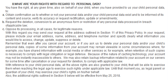 BabyTV Privacy Policy: What are Your Rights With Regard to Personal Data clause