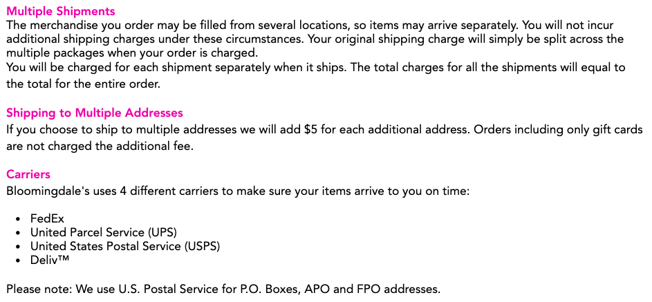 Bloomingdale&#039;s Shipping Information: Multiple shipments, multiple addresses and carriers sections