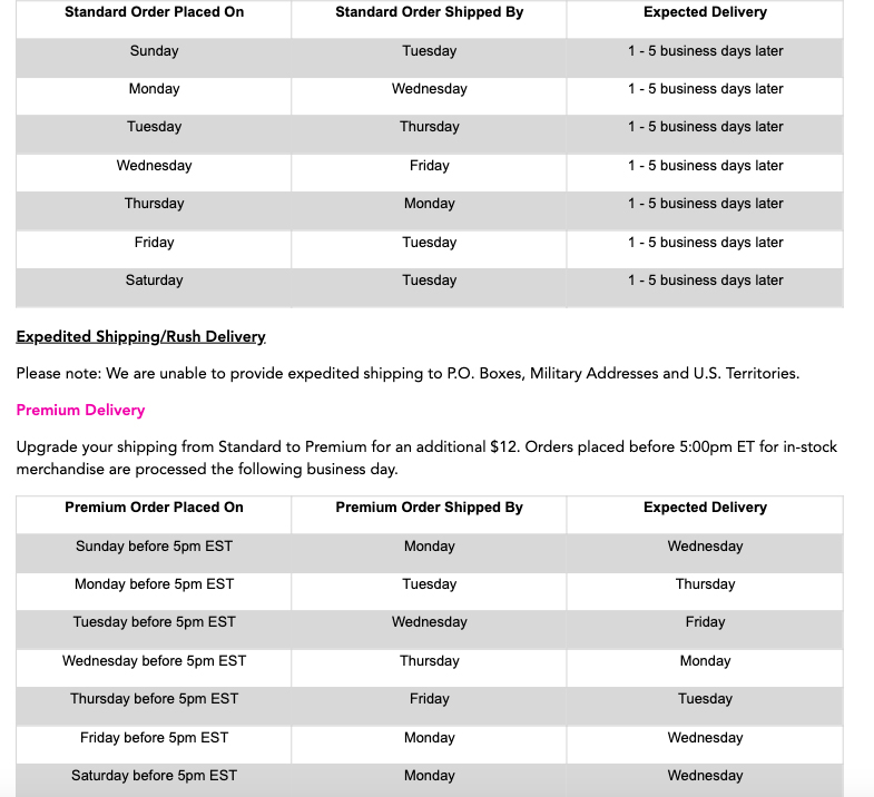 Bloomingdale's Shipping Information: Shipping Options and Times delivery tables - sections