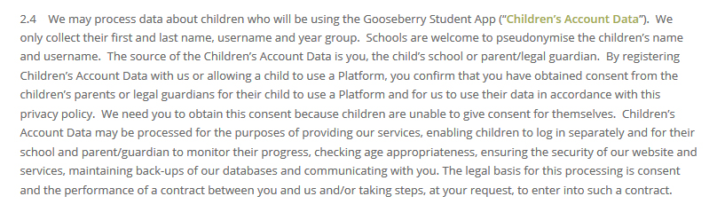 Gooseberry Planet Privacy Policy: Children&#039;s Account Data clause