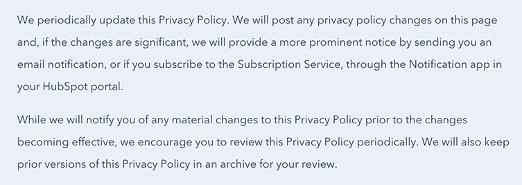 HubSpot Privacy Policy: Updates to Policy clause
