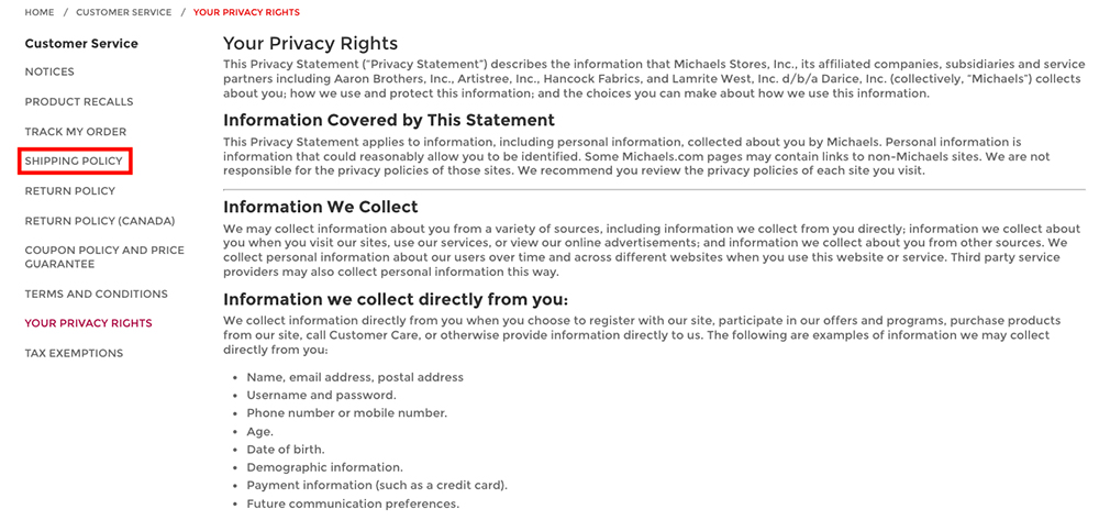 Michaels Privacy Rights page with Shipping Policy link highlighted